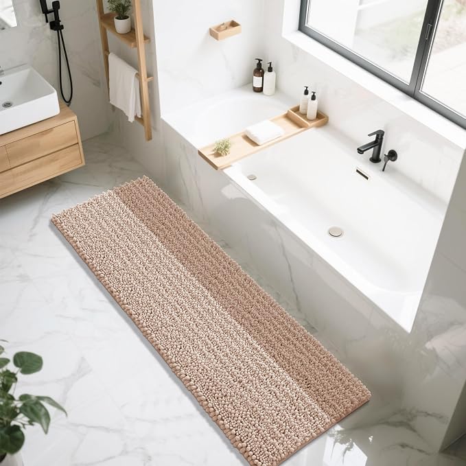 Yimobra Bathroom Runner Rug 70x24 Inch - Extra Long Non Slip Chenille Bath Mat, Soft & Absorbent, Machine Washable Shaggy Hallway Carpet for Vanity Tub Shower, Light Brown Home Decor Accessories