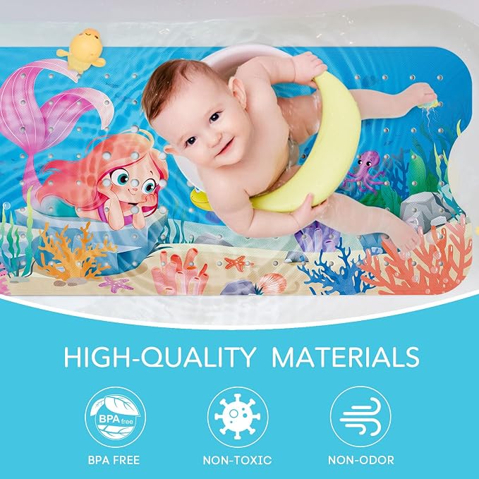 SHUCHING Mermaid Bath Mat for Tub Non Slip-40 X 16 Inch, Girl Bathtub Mat Non Slip, Long Shower Mat for Toddler Baby Kids