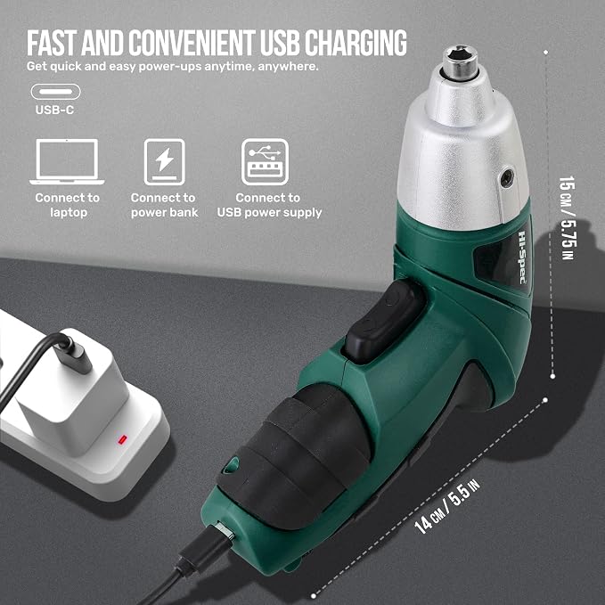 Hi-Spec 3.6V Cordless Electric Screwdriver Set with Interchangeable Bits, Green