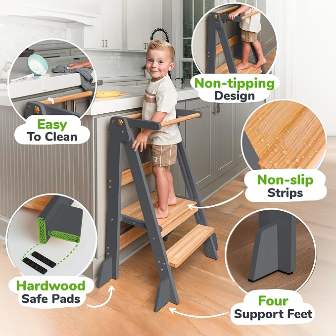 OCODILE Adjustable Foldable Toddler Tower – Folding Tower for Kids | Montessori Toddler Kitchen Step Stool Helper for Independence - Gray