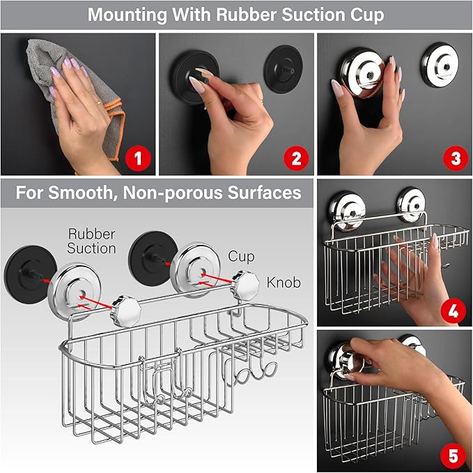 HASKO Suction Cup Shower Caddy Basket for Shampoo, Shower Suction Shelf Organizer, Basket with Soap Holder and Hooks, Stainless Steel Shampoo Holder for Bathroom Storage, Chrome