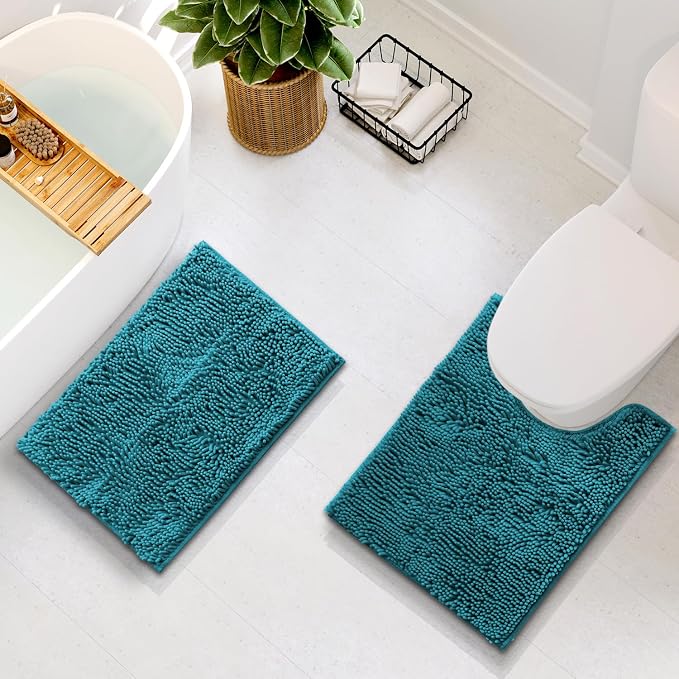 Hearth & Harbor Bathroom Rugs, Chenille Bath Mat - Machine Washable Bath Mats for Bathroom Non-Slip Backing Rubber, Quick Dry Bathroom Mat - Teal Blue 17x24-20x24