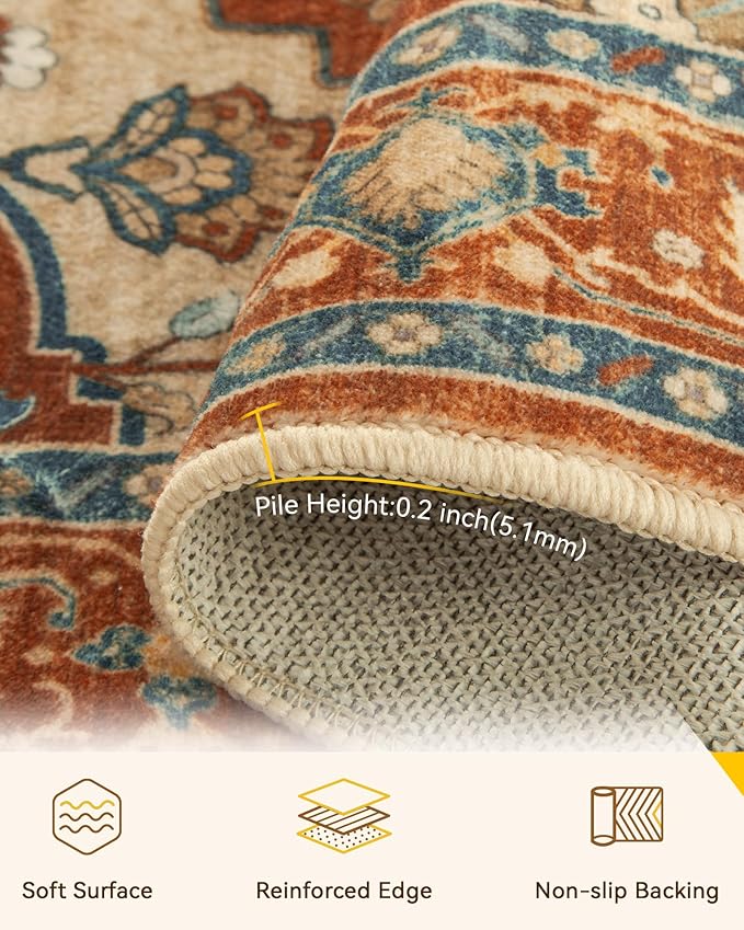 RELEANY Area Rugs Round 7ft Washable Non-Slip, Floral Vintage Distress Medallion Carpet for Living Room Bedroom Dining Room, Red Orange Blue Brown