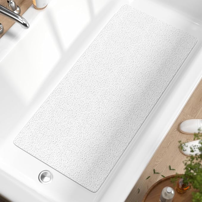HITSLAM Bathtub Mat Non Slip, 35 x 16 Inch Long Soft PVC Loofah Shower Mat, Bath Mat for Tub Without Suction Cups, Quick Drying Bath Tub Mat for Shower and Bathroom, Easy to Clean, White