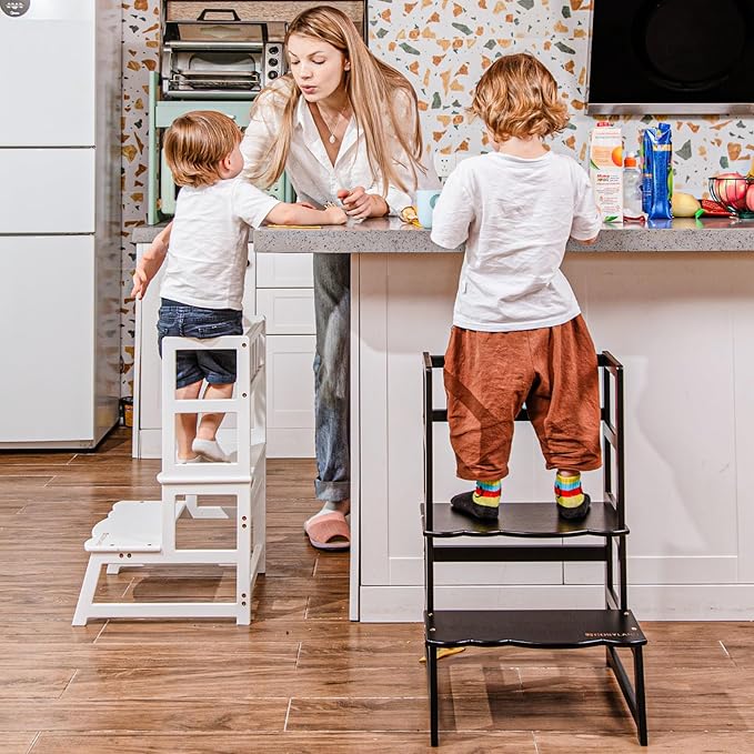 COSYLAND Toddler Step Stool with Removable Protective Side Guard – Stable Kid's Learning Stool for Bathroom Potty, Kitchen, Bedroom – Counter Helper with Armrest – White