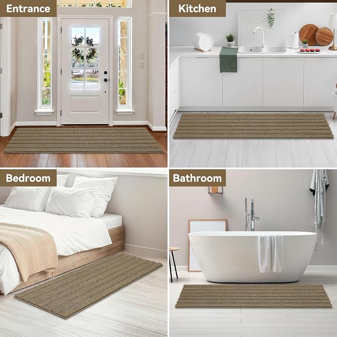 Bcoimo Long Bathroom Rug, Chenille Bath Runner with High Low Pile Design, Soft Absorbent Non Slip Bath Mat, Machine Washable Quick Dry Rug for Shower, Tub, Sink and Vanity