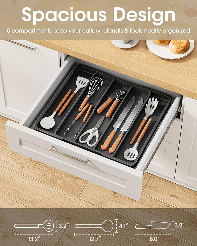 Aujen Silverware Organizer - Expandable Kitchen Drawer Organizer, Adjustable Utensil Organizer, Cutlery Tray for Forks, Knives, Multipurpose Kitchen Organizers and Storage Solution, Black, X-Large
