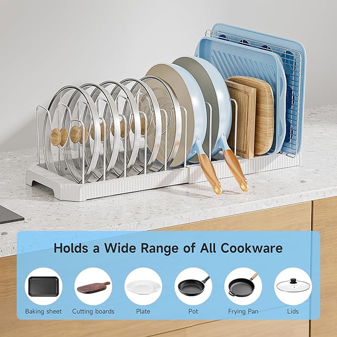 MUDEELA Pot Lid Organizer Rack for Cabinet, Expandable Pots and Pans Organizer under Cabinet with 12 Adjustable Dividers, Pan Organizers Holder inside Cabinet for Cutting Boards, Baking Sheets, White