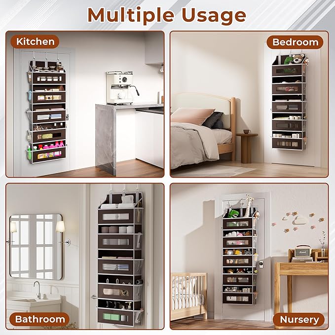2 Pack 5 Tier Over The Door Organizer - Large Capacity Behind Door Hanging Shelves with 10 Mesh Pockets and Clear Windows, Closet Organizers and Storage for Bathroom, Bedroom, Nursery, Brown