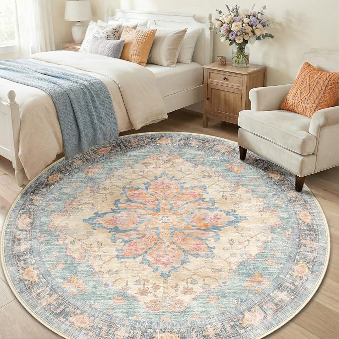RELEANY Area Rugs Round 6ft Washable Non-Slip, Floral Vintage Distress Medallion Carpet for Living Room Bedroom Dining Room, Blue Orange Red