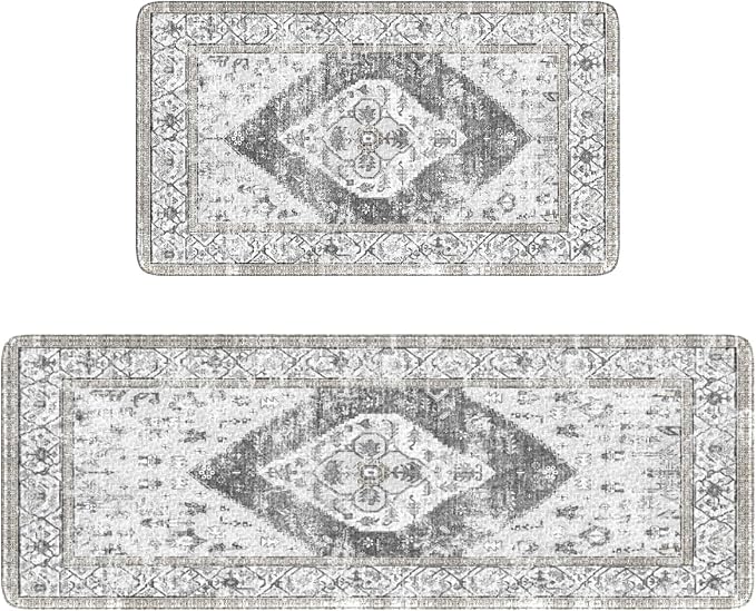 KIMODE Kitchen Rugs and Mats for Floor 2 Piece Cushioned Anti Fatigue Kitchen Mat Non-Skid Waterproof Kitchen Runner Rug Boho Laundry Room Rug for Kitchen Decor, Floors, Office, Desk, Grey Rug Set