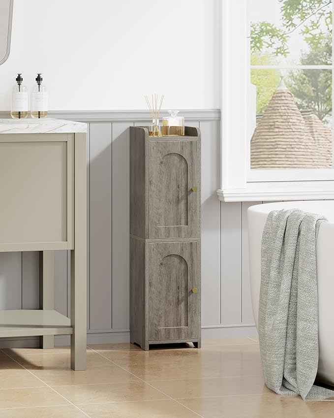 Hzuaneri Bathroom Storage Cabinet, Small Corner Floor Cabinet with 2 Doors and Adjustable Shelf, Narrow Toilet Paper Cabinets, Bathroom Organizer for Small Spaces, 7.9" D x 7.9" W x 29.5" H Greige