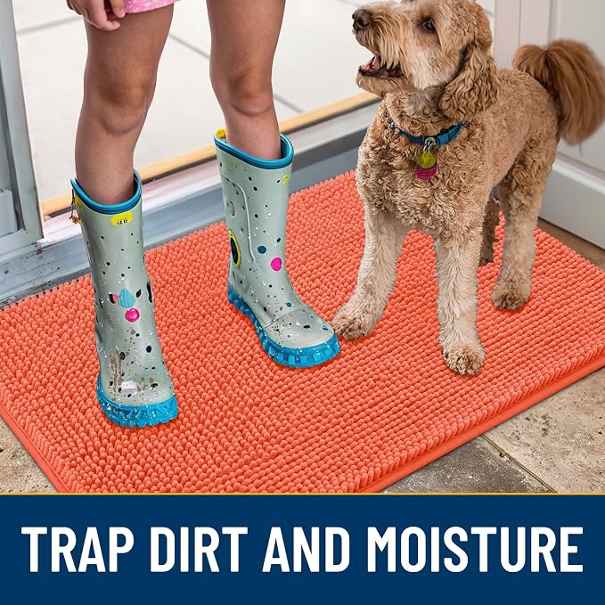 Smiry Dog Door Mat for Muddy Paws 48x30, Absorbent Dirt Trapper, Non-Slip Washable Chenille Entryway Rug for Inside Floor, Coral, Classic Solid