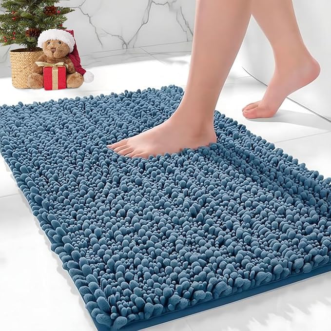 Bathroom Rugs Non Slip Washable 32x20, Extra Thick Soft Chenille Absorbent Bath Mat, High Density Barrier Non Slip Backing, Quick Dry Plush Shaggy Floor Carpet for Tub&Shower, Blue