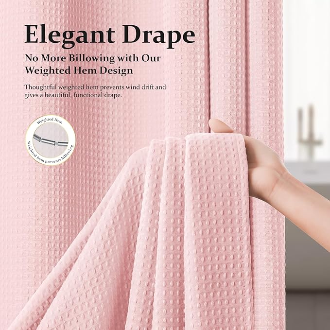 Dynamene Pink Fabric Shower Curtain - Waffle Weave Textured Heavy Duty Cloth Shower Curtains for Bathroom, 256GSM Hotel Luxury Weighted Bath Curtain Set with 12 Hooks,72x72, Pink