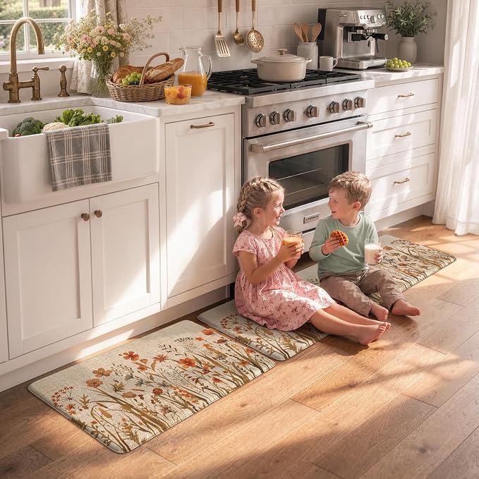 KIMODE Fall Kitchen Mats Cushioned Anti Fatigue, Orange Farmhouse Kitchen Rugs Sets of 2, Non Slip Kitchen Mats for Floor, Padded Kitchen Floor Mats for Sink Laundry Office Desk 17"x47"+17"x29"