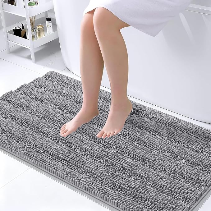 OLANLY Thick Large Bathroom Rugs 45x27, Extra Soft Absorbent Chenille Striped Bath Rugs, Rubber Backing, Machine Wash Dry, Bath Mats for Bathroom Floor, Tub and Shower, Home Decor Accessories, Grey