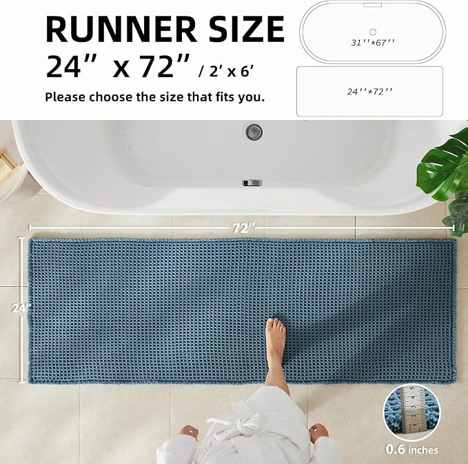 TYUU Waffle Runner Rug Bathroom, Long Boho Bathroom Rugs Non Slip Washable Super Absorbent Quick Dry Farmhouse Bath Decor, 72"x24" Denim Blue