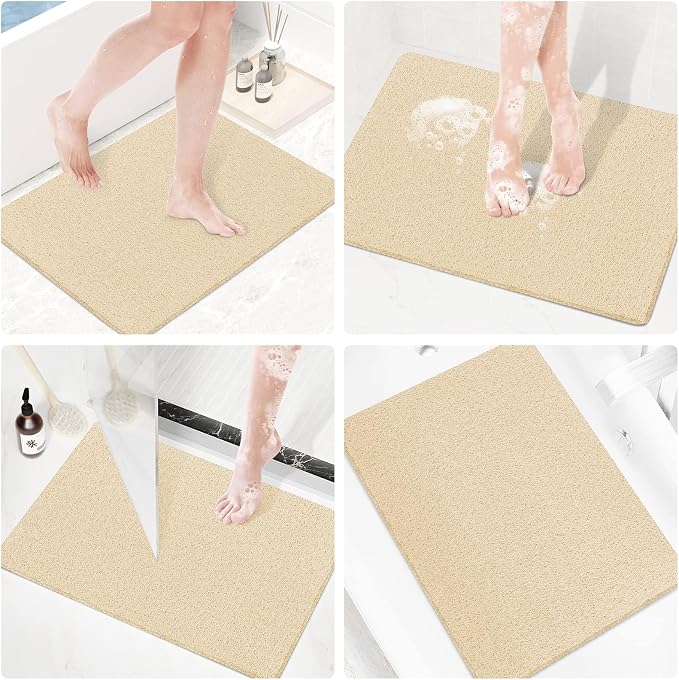 Shower Mat Bathtub Mat Non-Slip,32x24 inch, Soft Tub Mat with Drain,PVC Loofah Bath Mat (Phthalate Free) for Tub and Bathroom,Quick Drying,Khaki
