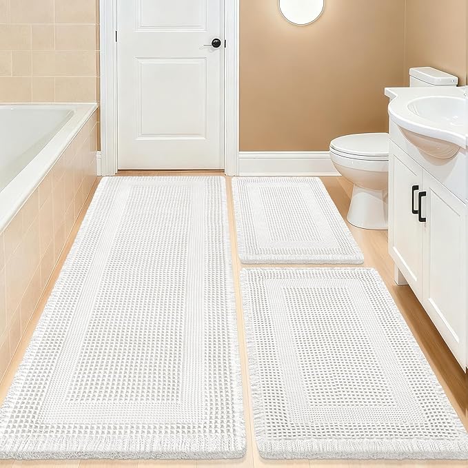IM HOME Upgrade Waffle Bath Mat Set 3 Piece, Boho Bathroom Rugs Absorbent Non Slip, Soft Bathroom Mats, Machine Washable Knit Bath Rugs with Tassels for Bathroom, Bedroom, Kitchen, Shower, Tub, White