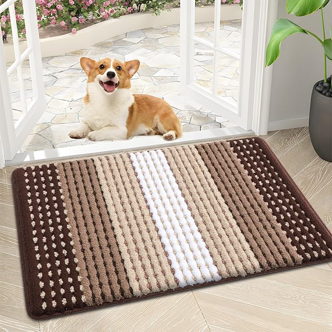 Kitinjoy Indoor Outdoor Door Mat, 30x17 Non-Slip Absorbent Dirt Trapper, Low-Profile Washable Inside Entrance Front Floor Mat, Sturdy Soft Entry Dotted Ombre Doormats for Entryway, Brown