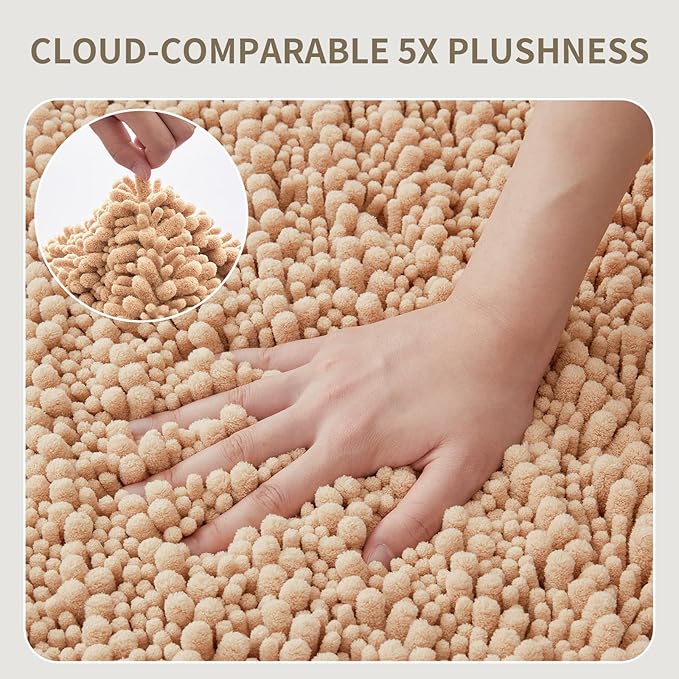Bathroom Rugs Non Slip Washable 60x24, Extra Thick Soft Chenille Absorbent Bath Mat, High Density Barrier Non Slip Backing, Quick Dry Plush Shaggy Floor Carpet for Tub&Shower, Beige