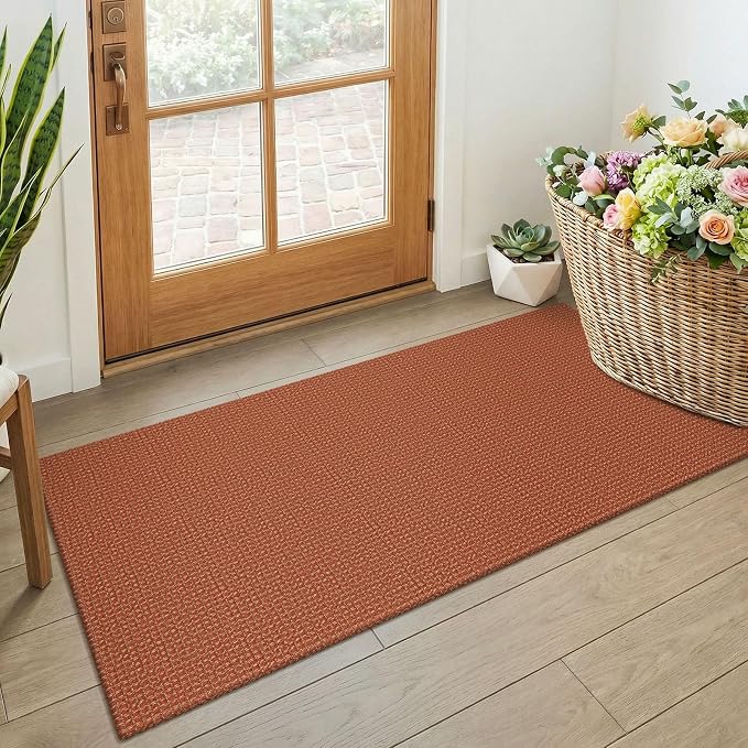 KOZYFLY Orange 2x4 Entry Runner Rug, Small Washable Runners for Entryway, Non Slip Door Mat Indoor Entrance, Front Porch Carpet for Foyer, Kitchen, Bedroom, Bathroom, Burnt Orange/Tan