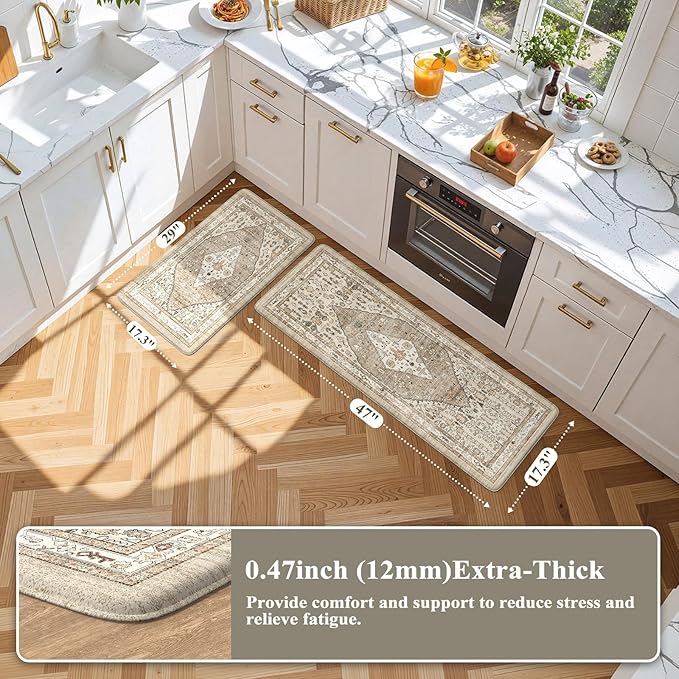Collive Boho Kitchen Mats for Floor 2 Piece, Cushioned Anti Fatigue Kitchen Mat Non-Skid Waterproof Under Sink Rug, Taupe Comfort Standing Desk Mat for Office, Home & Kitchen, 17.3"x29"+17.3"x47"