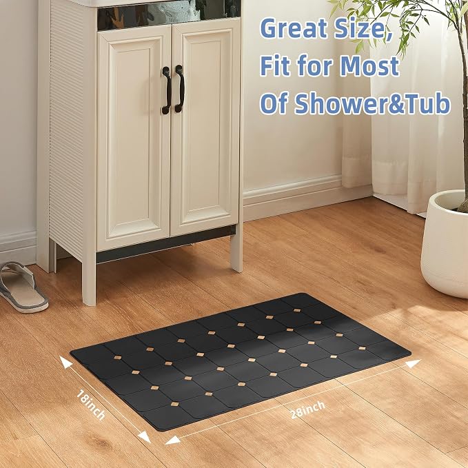 Bathtub Mat Non Slip Silicone Soft Odorless Bath Mat No Suction Cups for Refinished,Textured and Reglazed Tub Shower Mats Non-Slip 18 X 28Inch Black