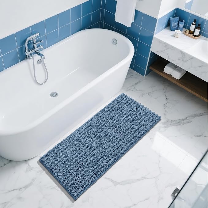 Yimobra Bathroom Runner Rug 55x24 Inch - Extra Long Non Slip Chenille Bath Mat, Soft & Absorbent, Machine Washable Shaggy Hallway Carpet for Vanity Tub Shower, Denim Blue Home Decor Accessories