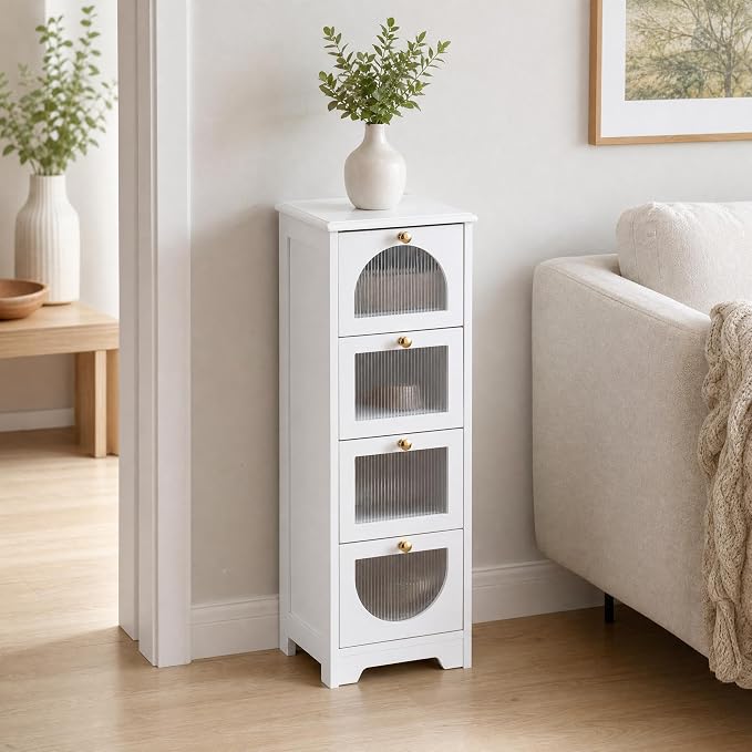 Garvee Bathroom Floor Storage Cabinet, Freestanding Storage Organizer with 4 Drawers for Narrow Spaces, Small White Side Cabinet for Living Room Hallway, 11.8" W x 11.8" D x 33.1" H