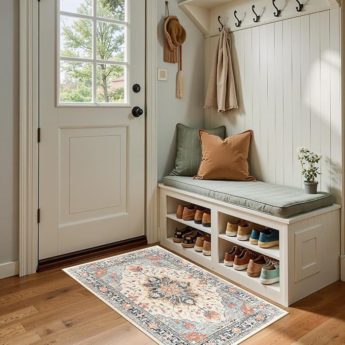 RELEANY Area Rugs Small 2'x4' Washable Non-Slip, Floral Vintage Distress Medallion Carpet for Kitchen Entryway Bathroom, Beige Navy Blue Orange Colorful