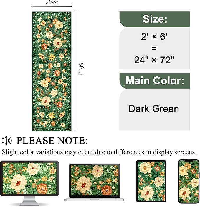 DUKINO 2x6 Runner Rug for Hallway, Washable Kitchen Runner Rug with Non Slip Backing, Low Pile Soft Boho Floral Runner for Kitchen, Hallway, Entryway, Laundry, Bedroom, Dark Green