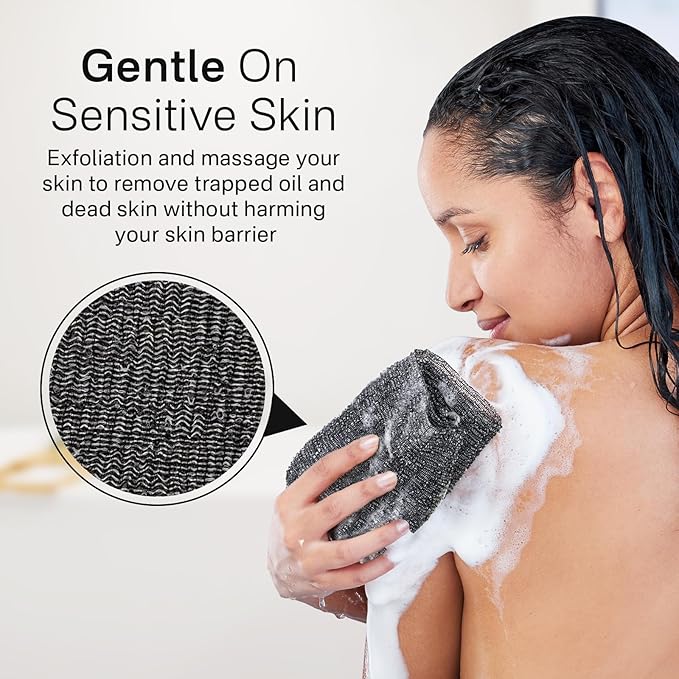 Yiclick Exfoliating Body Scrubber, Back Scrubber for Shower Bath, Japanese Scrub Wash Cloth, Exfoliating Washcloth Towel for Men Women, Body Exfoliator Loofah Luffa Sponge Net Rag Back Washer (Black)