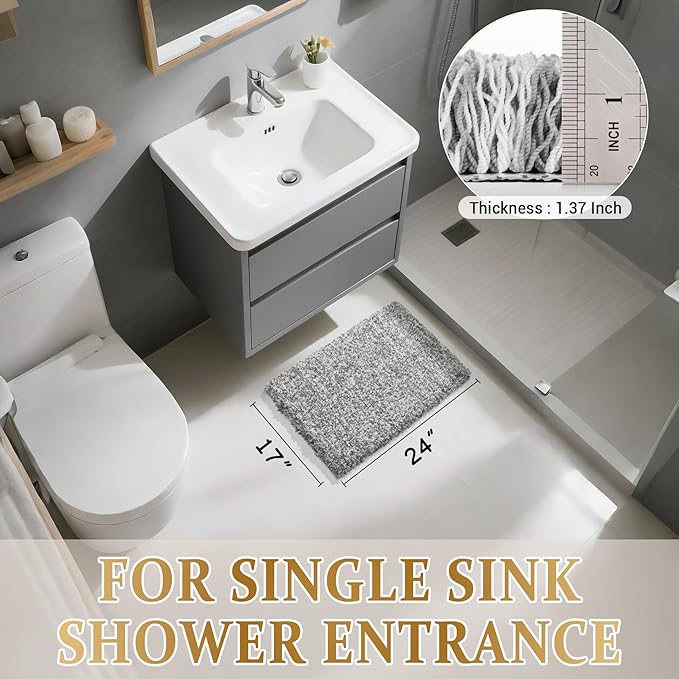 Yimobra Bathroom Rugs Non Slip Washable, Ultra Soft and Water Absorbent Bath Mats, Fluffy Shower Mat Outside, Plush Matts for Bathroom Floor/Sink, 24X17, Home Decor Accessories, Light Gray and White