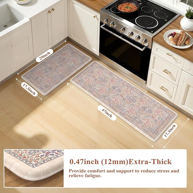 Collive Kitchen Mats for Floor 2PCS, Cushioned Anti Fatigue Mat Waterproof Kitchens Sink Rug Non Slip, Pink/Blue Floral Rugs Comfort Standing Mat for Laundry, Desk, Bar, Office