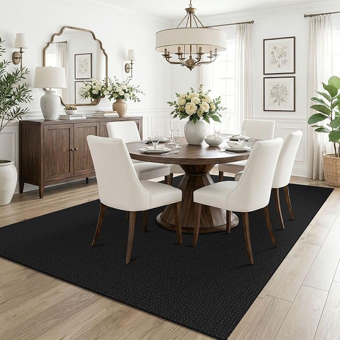 KOZYFLY Black Washable 5x7 Living Room Rug, Non Slip Woven Area Rugs, Braided Floor Carpet for Entryway, Kitchen, Bedroom, Dining Room, Office, Cotton Rug Indoor Decor, Black/Dark Grey