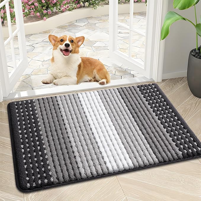Kitinjoy Indoor Outdoor Door Mat, 30x17 Non-Slip Absorbent Dirt Trapper, Low-Profile Washable Inside Entrance Front Floor Mat, Sturdy Soft Entry Dotted Ombre Doormats for Entryway, Grey
