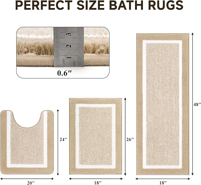 Pauwer 3 Pieces Bathroom Rugs Sets, Microfiber Shaggy Bath Mat Set, Ultra Soft Non-Slip Rug with U Shaped Toilet for Bathroom, Tub, Shower Washable Carpets Set,Beige