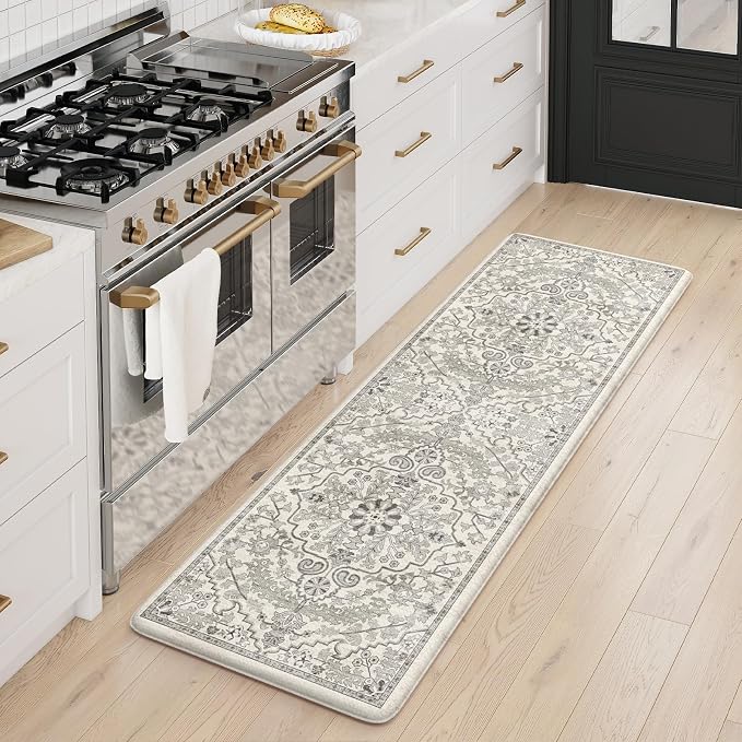 KIMODE Anti Fatigue Kitchen Mat, Cushioned Boho Kitchen Runner, Non Slip Farmhouse Kitchen Mat for Floor, Waterproof Standing Desk Mat for Laundry, Office, Sink Grey 17.3"x59"