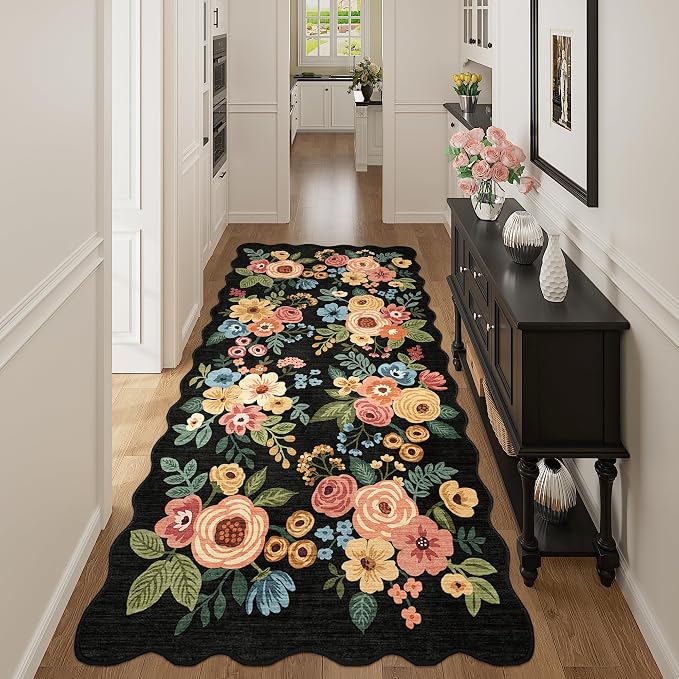 DUKINO 3x6 Washable Runner Rug, Soft Indoor Floral Non Slip Runner Rug for Hallways, Lightweight & Low Pile Floor Carpet for Kitchen, Entryway, Hallway, Bathroom, Laundry, Bedroom, Black