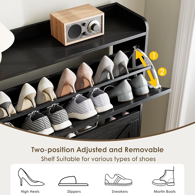 Nicetree Shoe Storage Cabinet with 2 Flip Drawers, Freestanding Shoe Organizer, Shoe Cabinet with Metal Legs, Narrow Shoe Rack Cabinet, Farmhouse Slim Shoe Cabinet for Entryway, Foyer, Hallway, Black