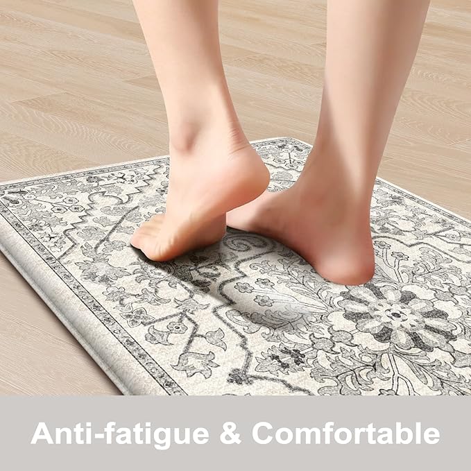 KIMODE Kitchen Mats Cushioned Anti Fatigue, Boho Vintage Grey Kitchen Rugs Sets of 2, Non-Slip Kitchen Mats for Floor, Padded Kitchen Floor Mat for Sink, Laundry, Office, Desk,17"x47"+17"x29"