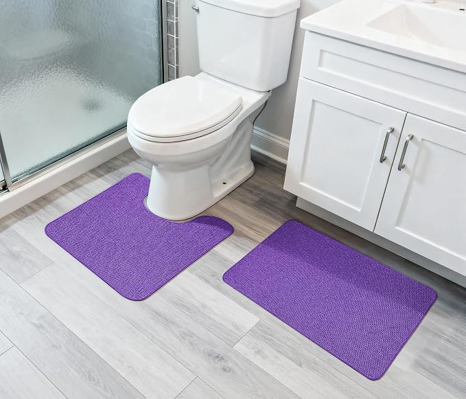 Bosap Bathroom Rugs Set 2 Pieces,Thin Bathroom Mats,Toilet Rugs,Quick Dry,Non-Slip,Machine Washable,Low Pile,Absorbent Bath Mats,Shower,Sink,Home Decor Accessories.Purple,1'5"x2'3"+1'8"x2" U Shape