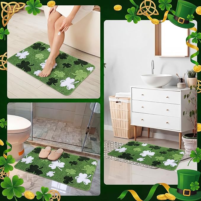Capoda St. Patrick's Day Bathroom Rug 20 x 30 Inch Green White Shamrock Door Mat Non-Slip Washable Soft Irish Clover Welcome Floor Mat for Indoor Outdoor Home Kitchen Bathroom Decor(1 Pcs, Shamrock)