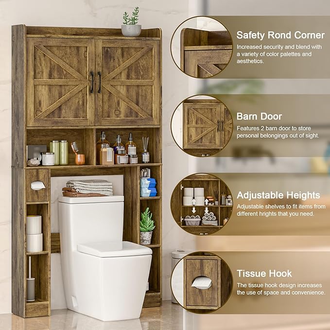 Over The Toilet Storage Cabinet, Farmhouse Toilet Cabinet Rack with Barn Doors, Space Saving Bathroom Organizer with Shelves, Toilet Paper Holder and Towel Rack for Bathroom,Restroom,Laundry, Brown