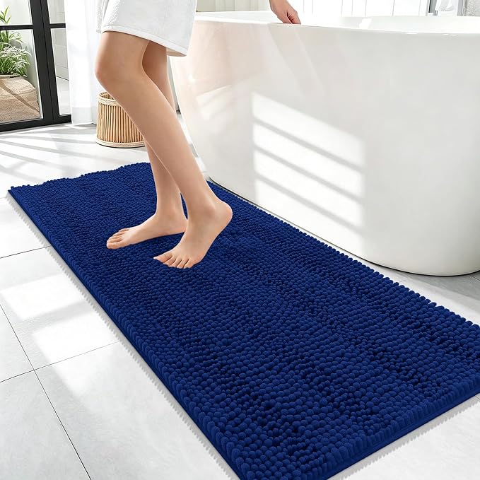 OLANLY Thick Bathroom Runner Rugs 47x17, Extra Absorbent Chenille Striped Bath Rugs, Rubber Backing, Machine Wash Dry, Long Bath Mats for Bathroom Floor, Tub and Shower, Home Decor Accessories, Navy