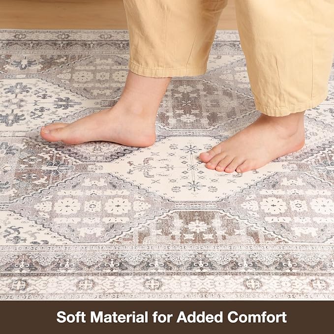 Floor Mat for Home 4×6ft, Easy Clean Plastic Rug-Like Pattern Area Mat for Living Room, Waterproof Vinyl Area Rug for Under Kitchen Table, No Slip Soft Vintage Rug for High Traffic Area (White)