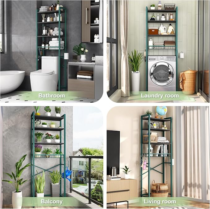 Kalrin Over-The-Toilet Storage Rack, 4-Tier Bathroom Organizer Shelf Over Toilet with Adjustable Shelf and Basket, Freestanding Space Saver Bathroom Shelves Above Toilet for Room (Green- Black)