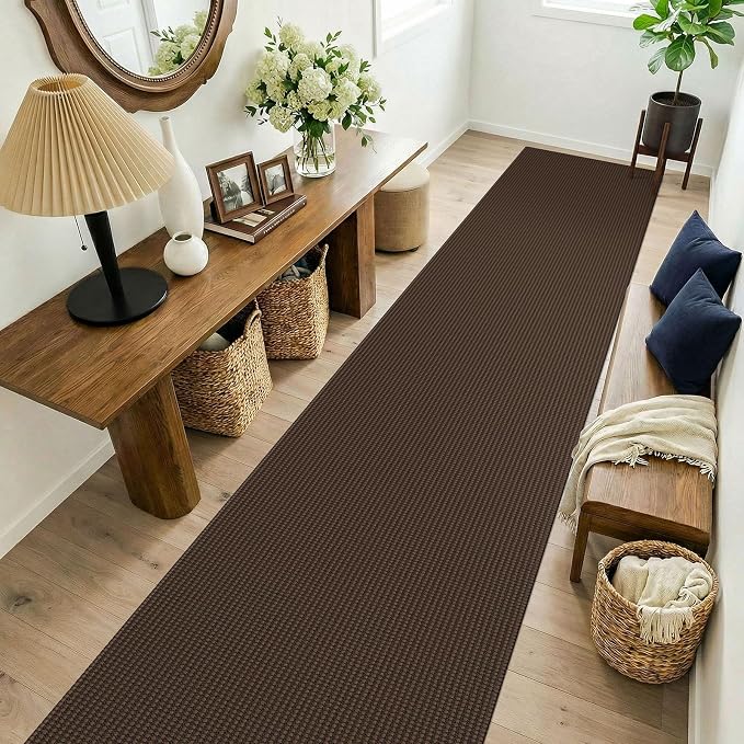 KOZYFLY Cotton 2.5'x14' Runners Rugs for Hallway, Long Washable Runner Rug, Woven Non Slip Kitchen Runner, Flatweave Entryway Rug, Floor Carpet for Entry, Aisle, Hall, Brown/Dark Brown